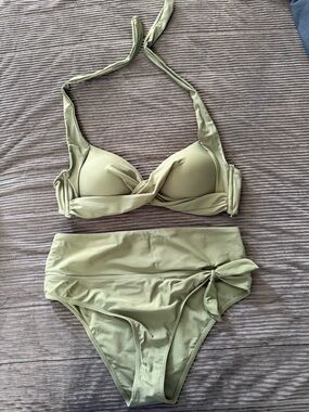 SHEIN Olive Green High-Waist Tie Bikini Set